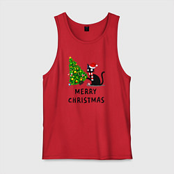 Майка мужская хлопок Кот валит новогоднюю ёлку, цвет: красный