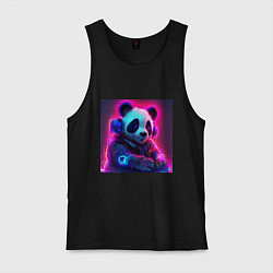 Майка мужская хлопок Диджей панда в свете неона, цвет: черный