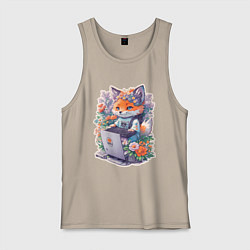 Майка мужская хлопок Лиса геймер за компьютером, цвет: миндальный