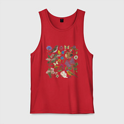 Майка мужская хлопок Цветение и птички, цвет: красный