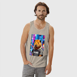 Майка мужская хлопок Cool capybara - urban style - neural network, цвет: миндальный — фото 2