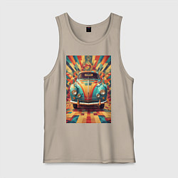 Майка мужская хлопок Ретро машина в ярких цветах, цвет: миндальный