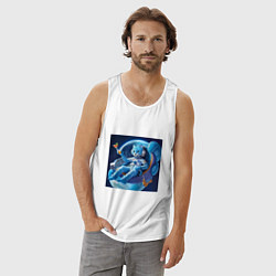 Майка мужская хлопок Голубой котик космонавт с коктейлем, цвет: белый — фото 2