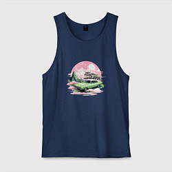 Майка мужская хлопок Ретро автомобиль на розовом закате, цвет: тёмно-синий