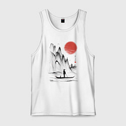 Майка мужская хлопок Традиционный японский пейзаж с рыбаком и горами, цвет: белый