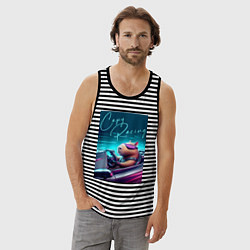 Майка мужская хлопок Капибара гонщик - нейросеть, цвет: черная тельняшка — фото 2
