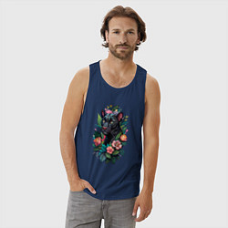 Майка мужская хлопок Черная пантера среди цветов, цвет: тёмно-синий — фото 2