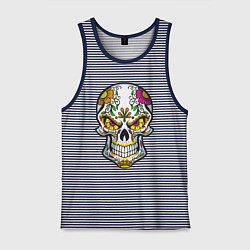 Майка мужская хлопок Череп в цветочках, цвет: синяя тельняшка