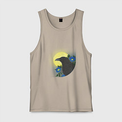 Майка мужская хлопок Чёрный ворон на ветке под луной, цвет: миндальный