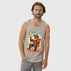 Майка мужская хлопок Bear bodybuilder with a cup of beer on a beach - a, цвет: миндальный — фото 2