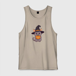 Майка мужская хлопок Кот в шляпе ведьмы с тыквой, цвет: миндальный