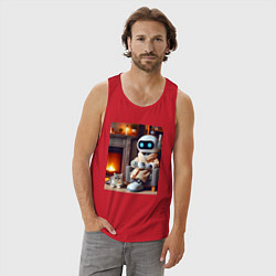 Майка мужская хлопок Робот у камина с котом и чашкой кофе - нейроарт, цвет: красный — фото 2