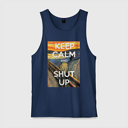Майка мужская хлопок Успокойся и заткнись - девиз, цвет: тёмно-синий