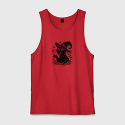Майка мужская хлопок Черный кот в шляпе ведьмы тату, цвет: красный