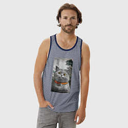 Майка мужская хлопок Мемный кот в японском стиле, цвет: синяя тельняшка — фото 2