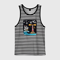 Майка мужская хлопок Маяк и парусник, цвет: черная тельняшка