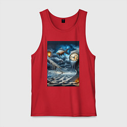 Майка мужская хлопок Психоделический пейзаж с часами и рыбой, цвет: красный