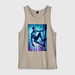 Майка мужская хлопок Чувак-паук висит на стене небоскрёба, цвет: миндальный