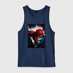 Майка мужская хлопок Человек паук над ночным городом, цвет: тёмно-синий
