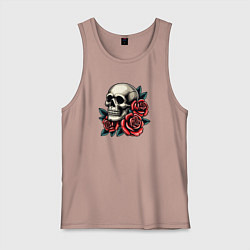 Майка мужская хлопок Череп с красными розами и листьями, цвет: пыльно-розовый