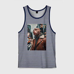 Майка мужская хлопок Чувак питбуль смотрящий Нью-Йорка - нейроарт, цвет: синяя тельняшка