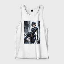 Майка мужская хлопок Девушка в кожаном костюме со снайперской винтовкой, цвет: белый