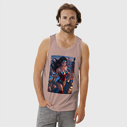 Майка мужская хлопок Чудо-женщина на крыше с городским фоном, цвет: пыльно-розовый — фото 2