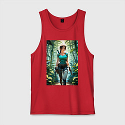 Майка мужская хлопок Лара Крофт в джунглях с пистолетами, цвет: красный