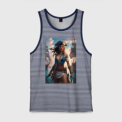 Майка мужская хлопок Пиратка на фона флотилии кораблей, цвет: синяя тельняшка