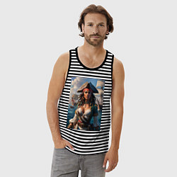 Майка мужская хлопок Пиратка на фона флотилии кораблей, цвет: черная тельняшка — фото 2