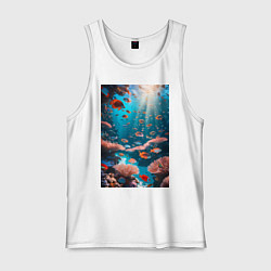 Майка мужская хлопок Подводный коралловый риф с рыбками, цвет: белый
