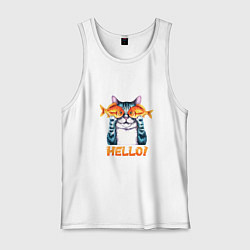 Майка мужская хлопок Кот с рыбами вместо очков, цвет: белый