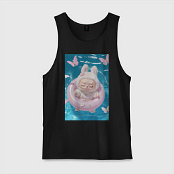 Майка мужская хлопок Labubu в бассейне с надувным кругом, цвет: черный