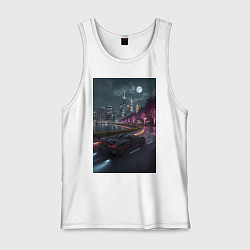 Майка мужская хлопок Черный суперкар едет к мегаполису, цвет: белый