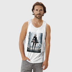 Майка мужская хлопок Девушка-андроид с катанами посреди руин, цвет: белый — фото 2