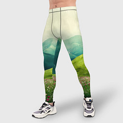 Тайтсы мужские Горы и поле с цветами - зеленый пейзаж, цвет: 3D-принт — фото 2