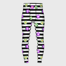 Мужские тайтсы Фиолетовые зеленый цветы на черно белом полосатом