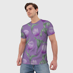 Футболка мужская Фиолетовые тюльпаны с зелеными листьями, цвет: 3D-принт — фото 2