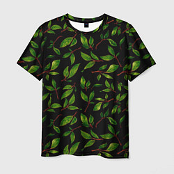 Футболка мужская Яркие зеленые листья на черном фоне, цвет: 3D-принт