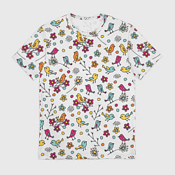 Мужская футболка Птицы и цветы Разноцветный узор в дудл стиле