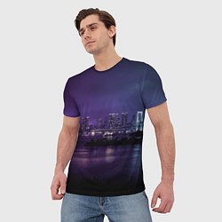 Футболка мужская Неоновый город с рекой - Фиолетовый, цвет: 3D-принт — фото 2
