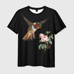 Футболка мужская Птицы колибри розы на черном фоне, цвет: 3D-принт