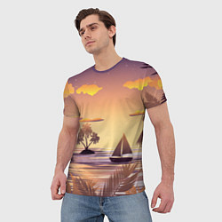 Футболка мужская Лодка в море на закате возле тропических островов, цвет: 3D-принт — фото 2