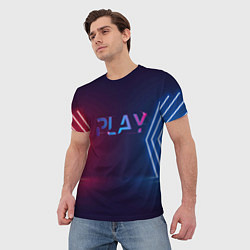 Футболка мужская Play неоновые буквы и красно синие полосы, цвет: 3D-принт — фото 2