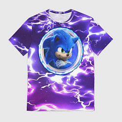 Футболка мужская Соник в круге на фоне молний, цвет: 3D-принт