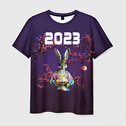Футболка мужская Кролик на фоне сакуры 2023, цвет: 3D-принт