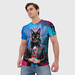Футболка мужская Чёрная модница кошка - нейросеть, цвет: 3D-принт — фото 2
