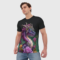 Футболка мужская Неоновый дракон с цветами, цвет: 3D-принт — фото 2