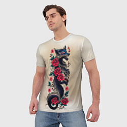Футболка мужская Irezumi - татуировка лиса в розах, цвет: 3D-принт — фото 2