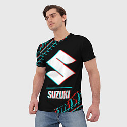 Футболка мужская Значок Suzuki в стиле glitch на темном фоне, цвет: 3D-принт — фото 2